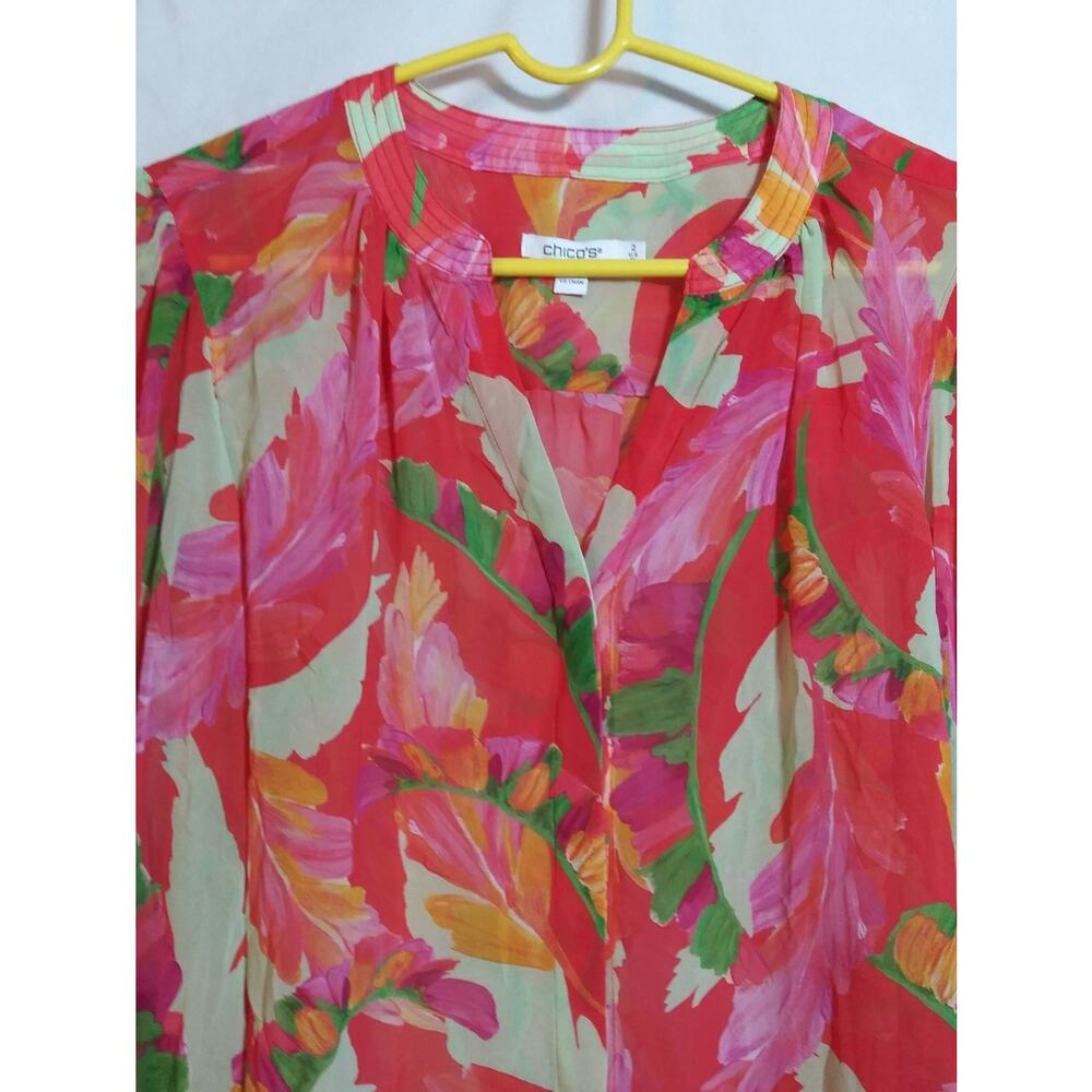 Chico's Vibrant Tropical Pink Floral Long-Sleeve Button Front Sheer Blouse Sz 12 - Picture 2 of 7